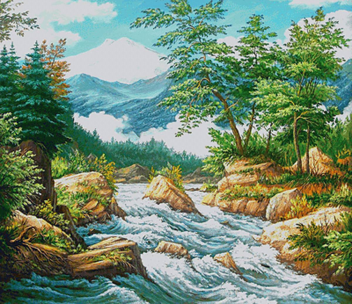 Горный пейзаж - река, горы, деревья - предпросмотр