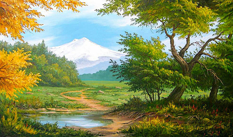 Горный пейзаж - деревья, горы, река, природа - оригинал