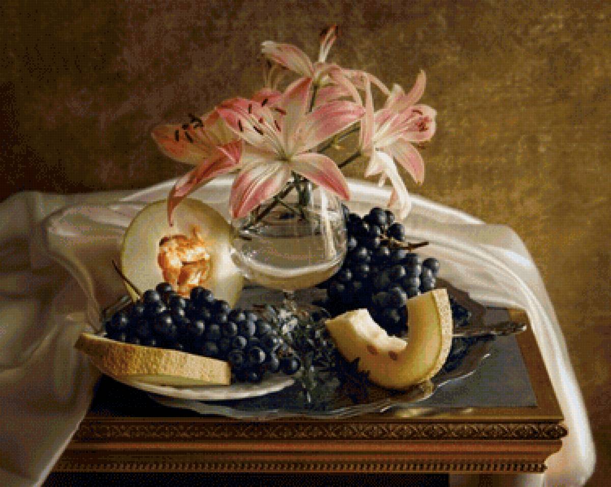 натюрморт - виноград, дыня, фрукты, лилии - предпросмотр