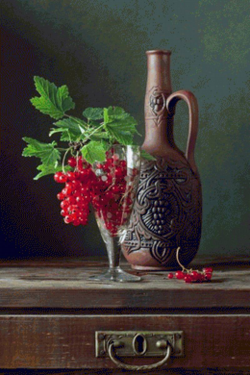 натюрморт - фрукты, бокал, красная смородина - предпросмотр