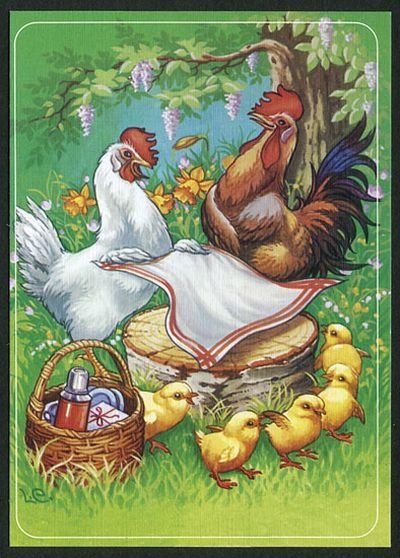 рисунок - домашняя птица, петух, курица, цыплята - оригинал