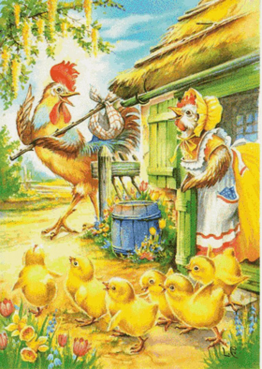 рисунок - домашняя птица, петух, двор, курица, цыплята - предпросмотр