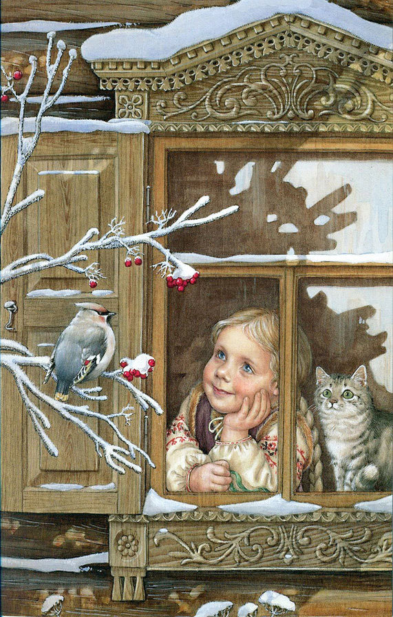 №2123227 - окно, зима, птичка, кошка, девочка - оригинал
