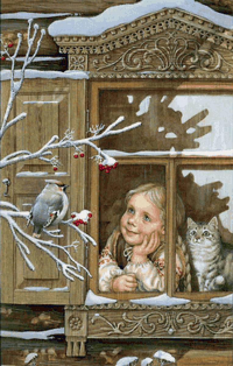 №2123227 - окно, кошка, птичка, зима, девочка - предпросмотр