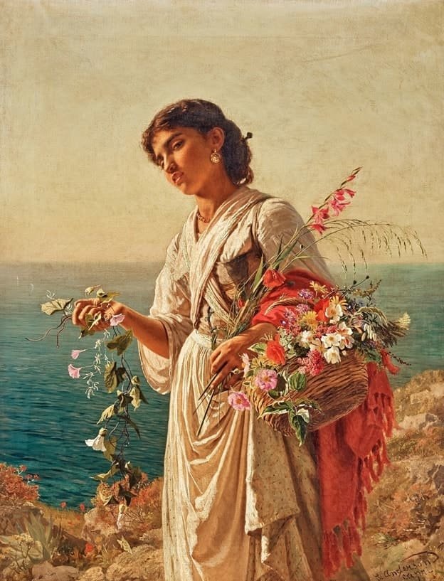 Цветочница на Капри Софи Андерсен - цветы, девушка, море - оригинал