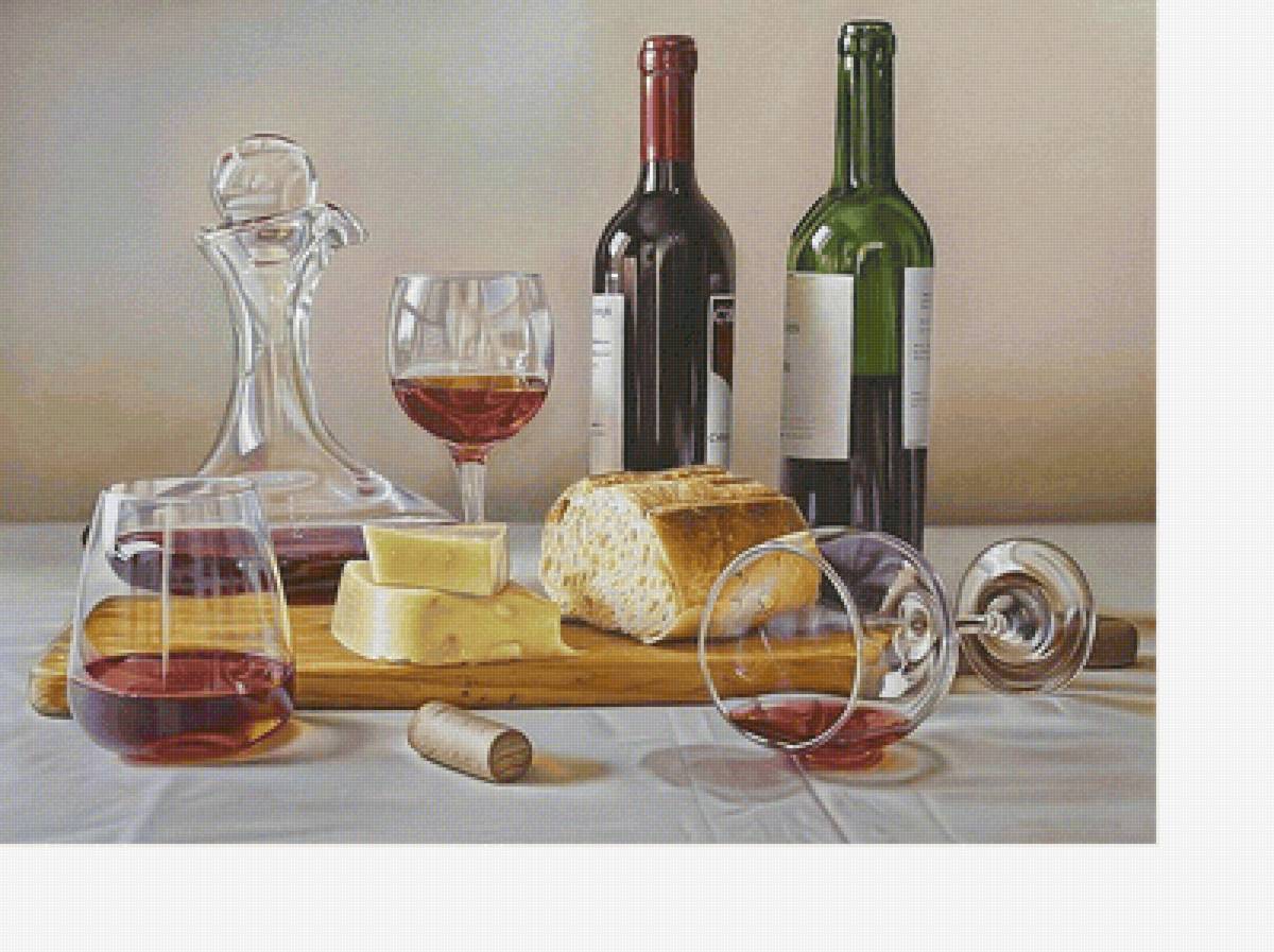 Натюрморт с вином - бутылки, вино, бокалы, сыр - предпросмотр