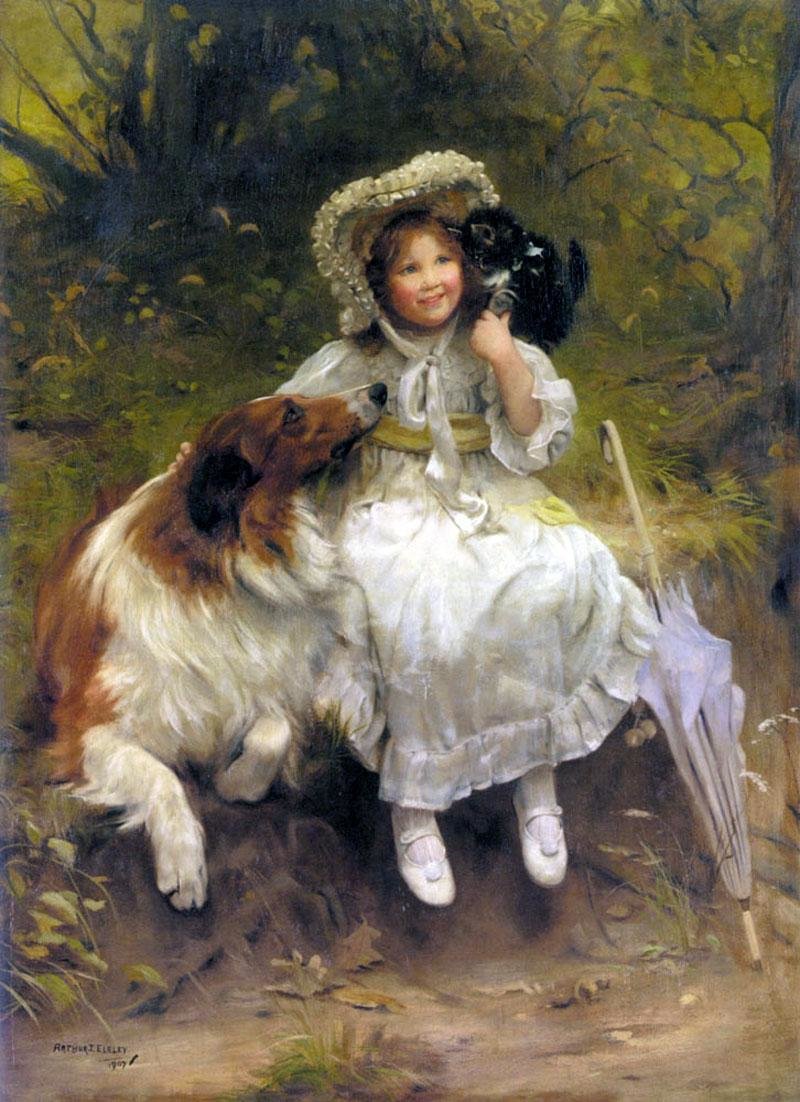 Девочка с собакой и котёнком. Артур Джон Элсли - собака, девочка, котенок, живопись, портрет, 19 век - оригинал