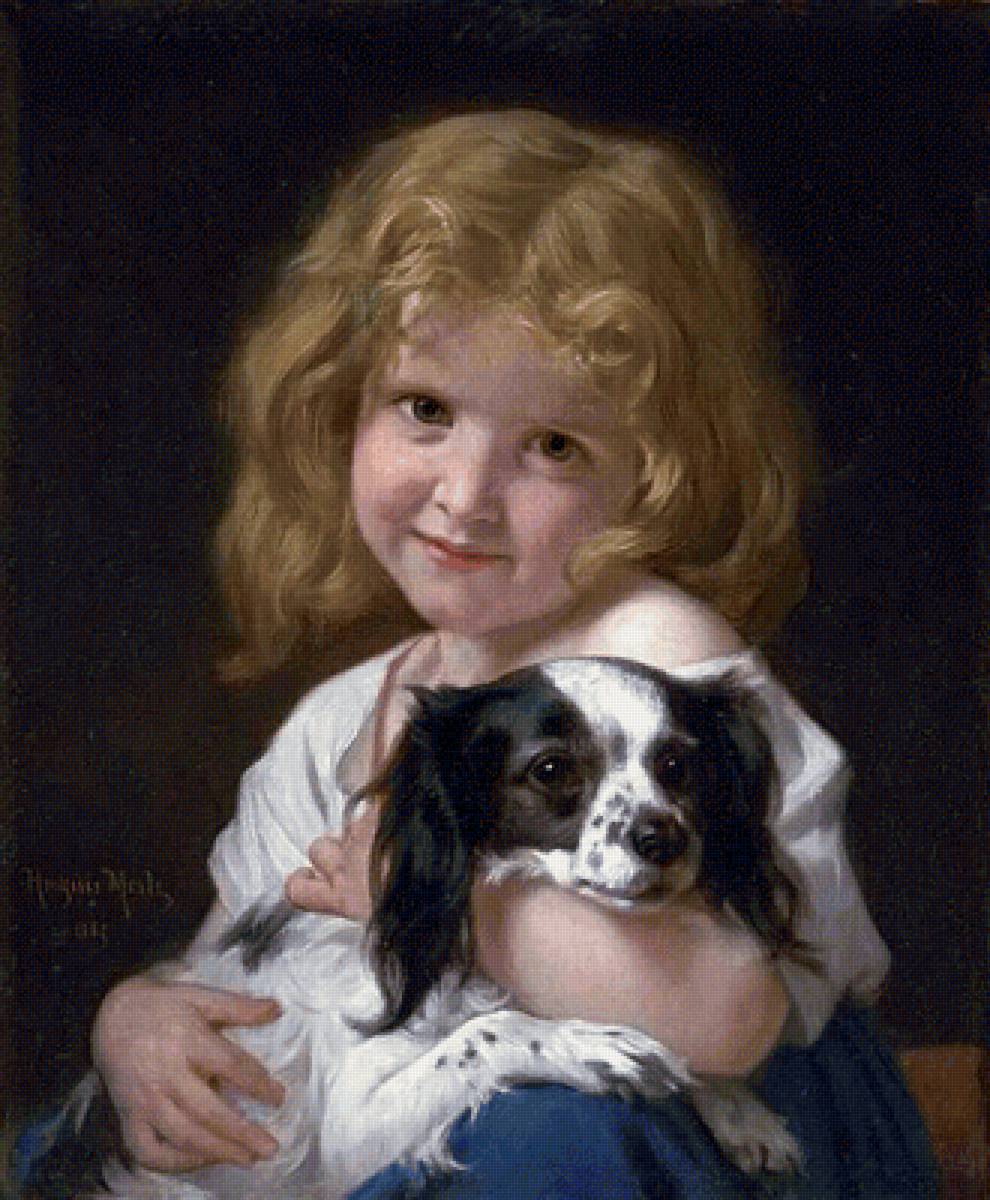 Девочка с собачкой. Хьюго Мерле - собака, 19 век, девочка, портрет, живопись - предпросмотр