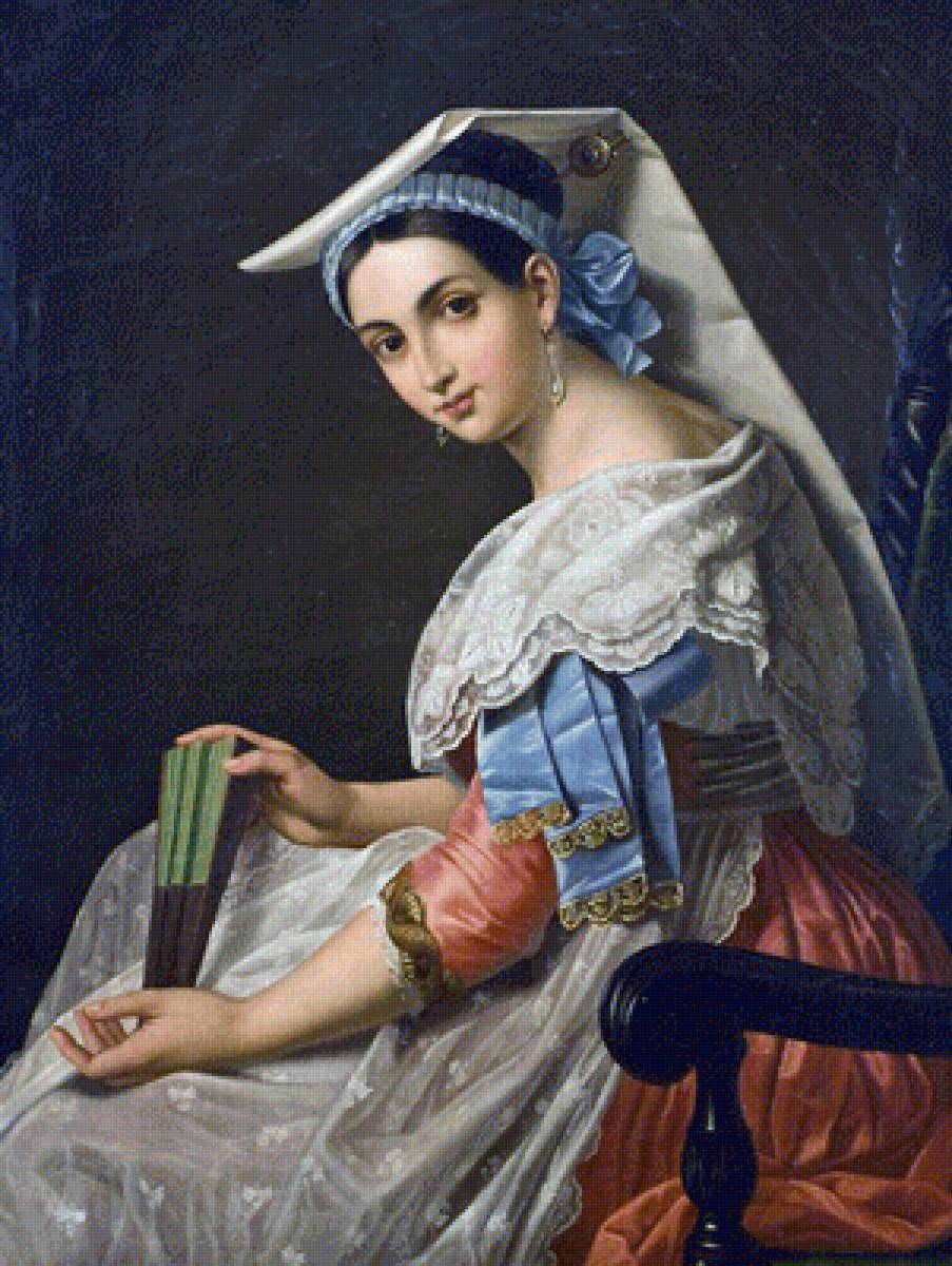 Луис Писани. Девушка с веером - портрет, девушка, живопись, 19 век - предпросмотр