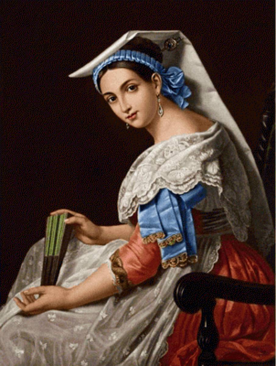 Луис Писани. Девушка с веером - 19 век, живопись, портрет, девушка - предпросмотр