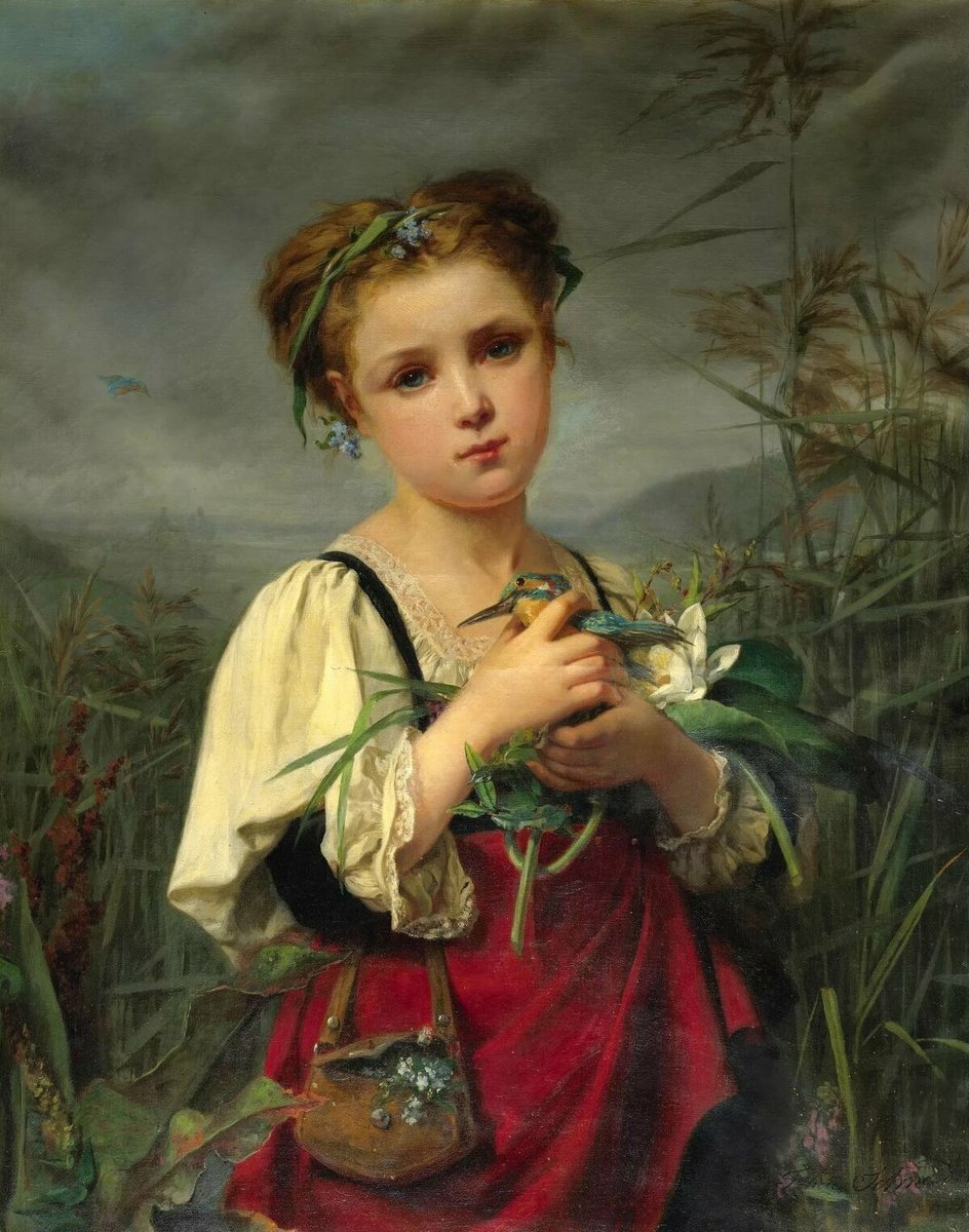 Девочка с зимородком. Felicie Schneider - портрет, 19 век, живопись, птица, девочка - оригинал
