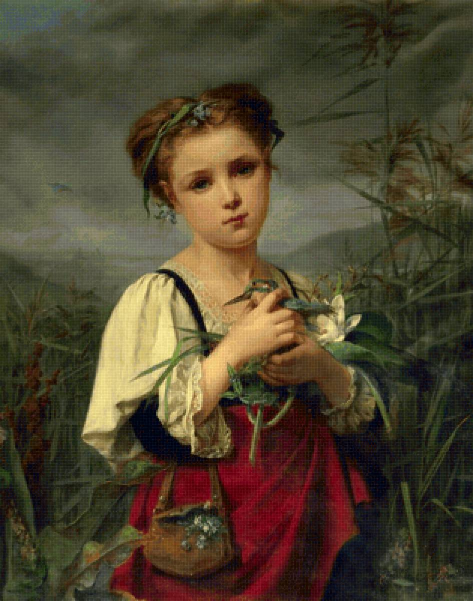 Девочка с зимородком. Felicie Schneider - птица, живопись, портрет, девочка, 19 век - предпросмотр