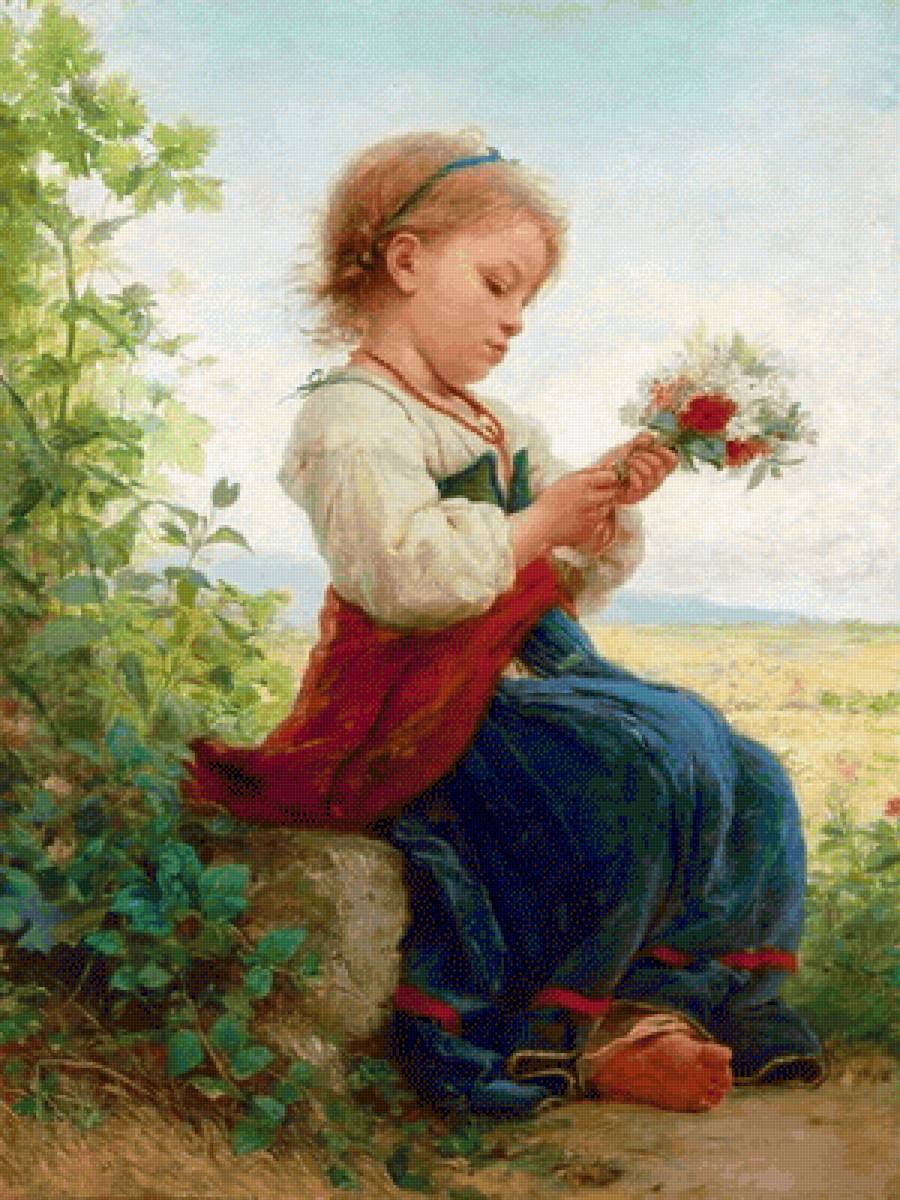 Девочка с букетом. Людвиг Кнаус - 19 век, девочка, живопись, портрет - предпросмотр