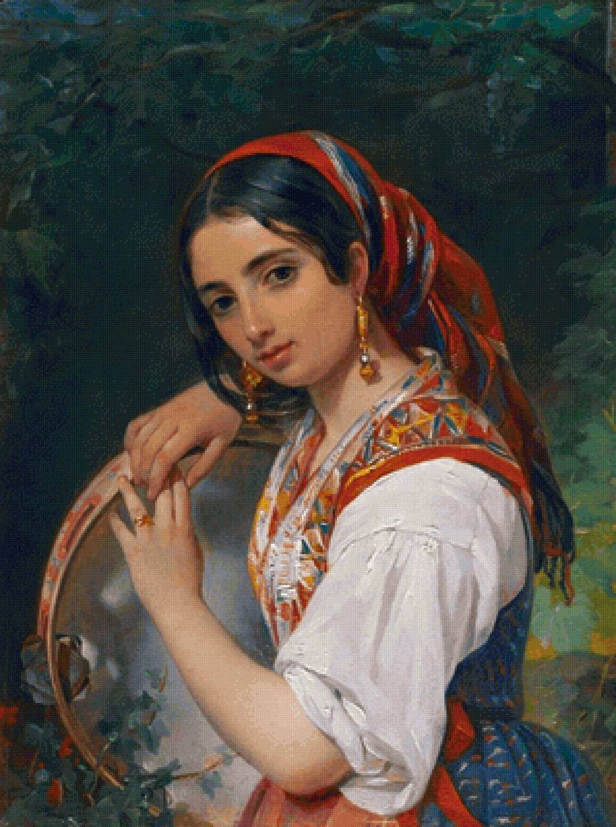 Орлов П.Н. Итальянская девушка с бубном - девушка, портрет, живопись, 19 век - предпросмотр