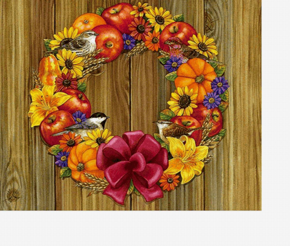 Осенний венок - яблоки, птицы, цветы - предпросмотр