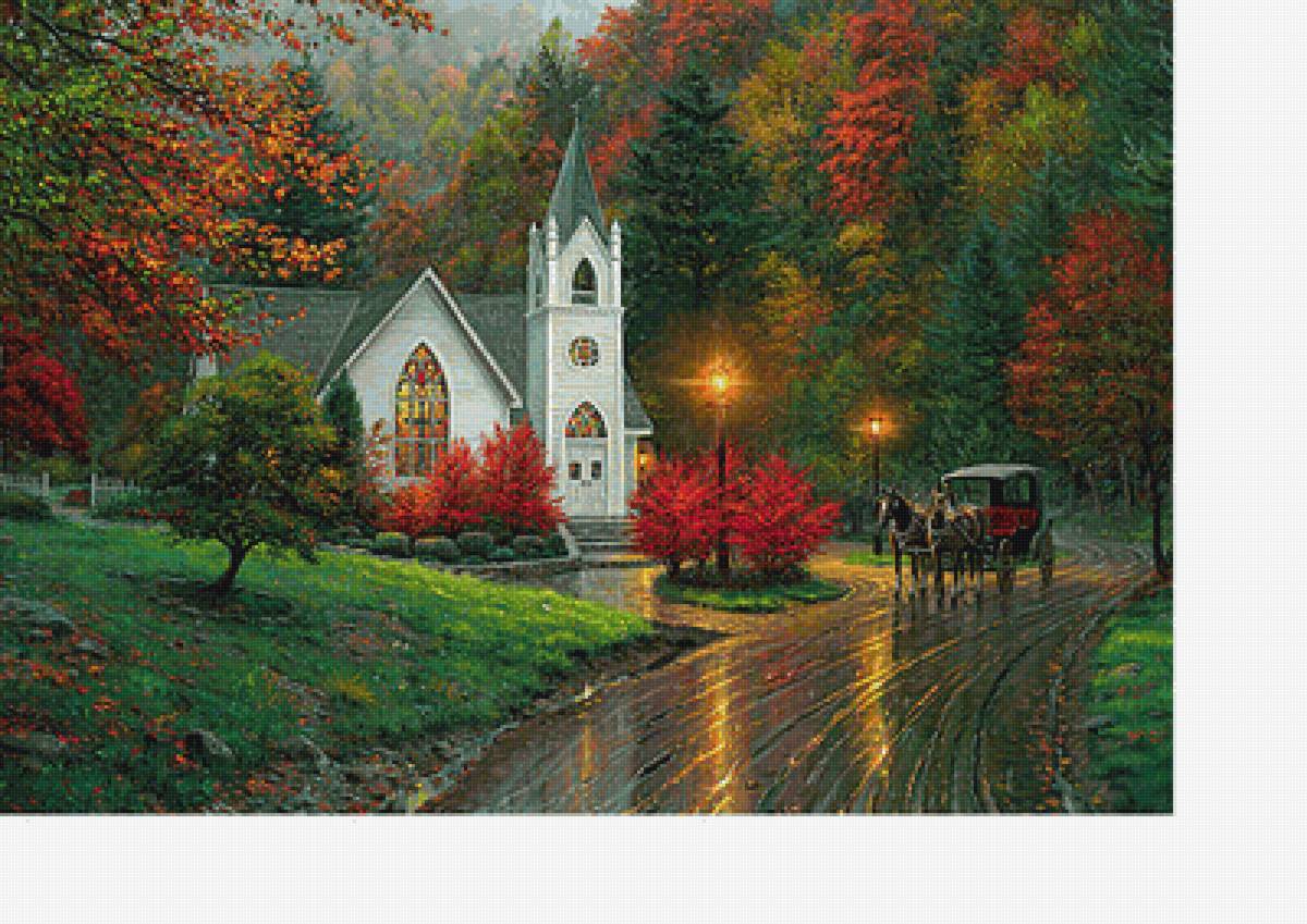 Пейзаж - лошади, природа, горы, деревья, церковь - предпросмотр