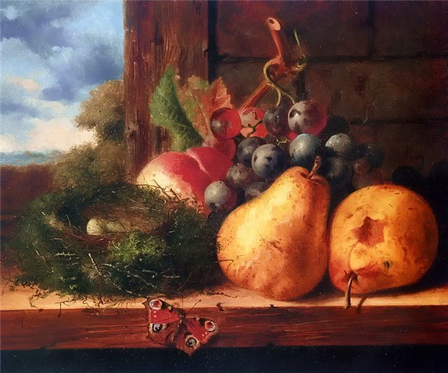 НАТЮРМОРТ С ВИНОГРАДОМ ,ГРУШАМИ И ГНЕЗДОМ.ЭДВАРД ЛАНДЕЛЛ - натюрморт - оригинал