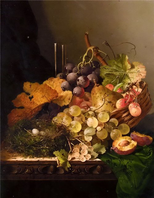 НАТЮРМОРТ С ВИНОГРАДОМ ,ПЕРСИКАМИ И ГНЕЗДОМ.ЭДВАРД ЛАНДЕЛЛ - натюрморт - оригинал