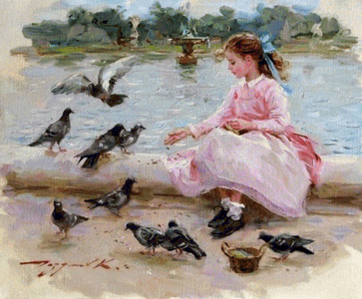 Girl feeding birds - birds - предпросмотр