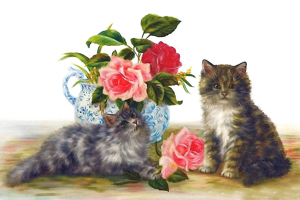 котята - ваза, цветы, котята - оригинал