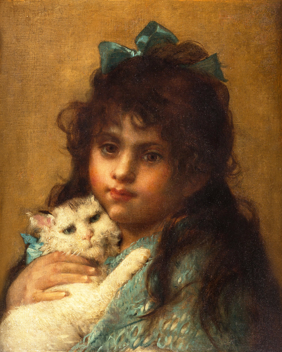 Девочка с кошкой. Рerrault Léon Jean Вasile - кошка, 19 век, девочка, живопись, портрет - оригинал