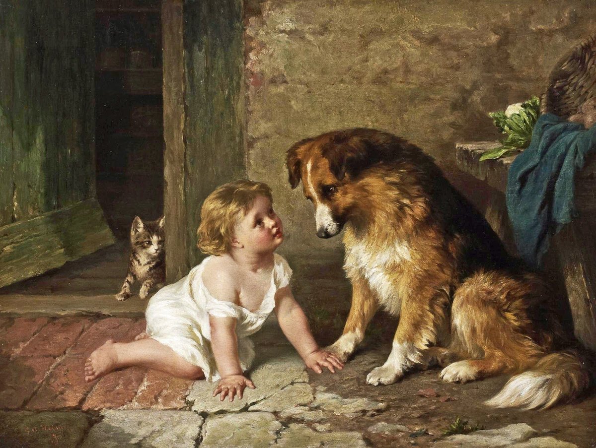 Знакомство. George Augustus Holmes - дети, живопись, 19 век, мальчик, собака - оригинал