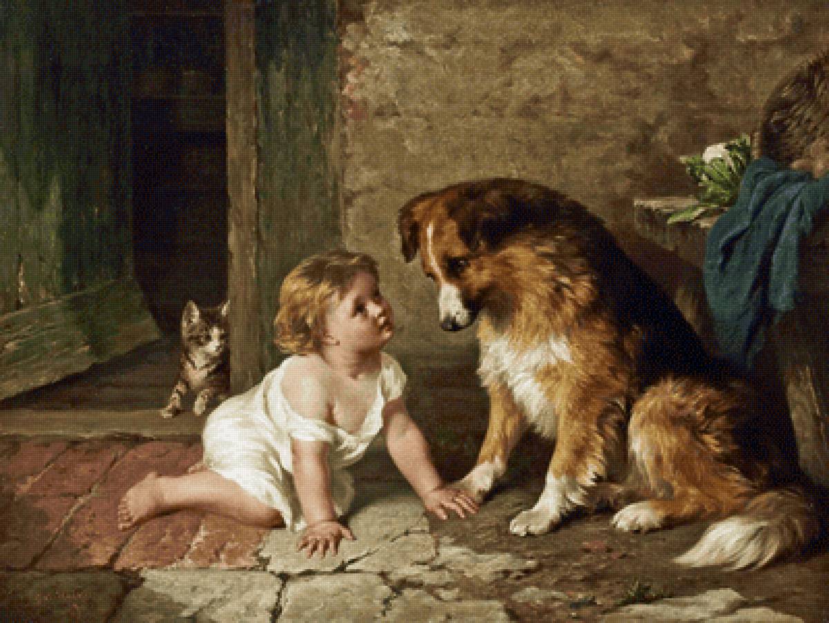 Знакомство. George Augustus Holmes - собака, живопись, дети, мальчик, 19 век - предпросмотр