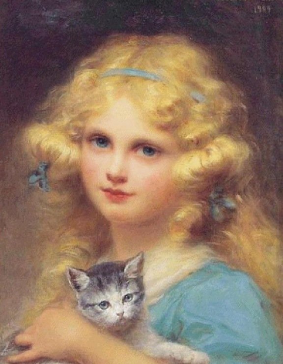 Девочка с котёнком. Эдуард Луи Люсьен Кабане - портрет, котенок, живопись, девочка, 19 век - оригинал