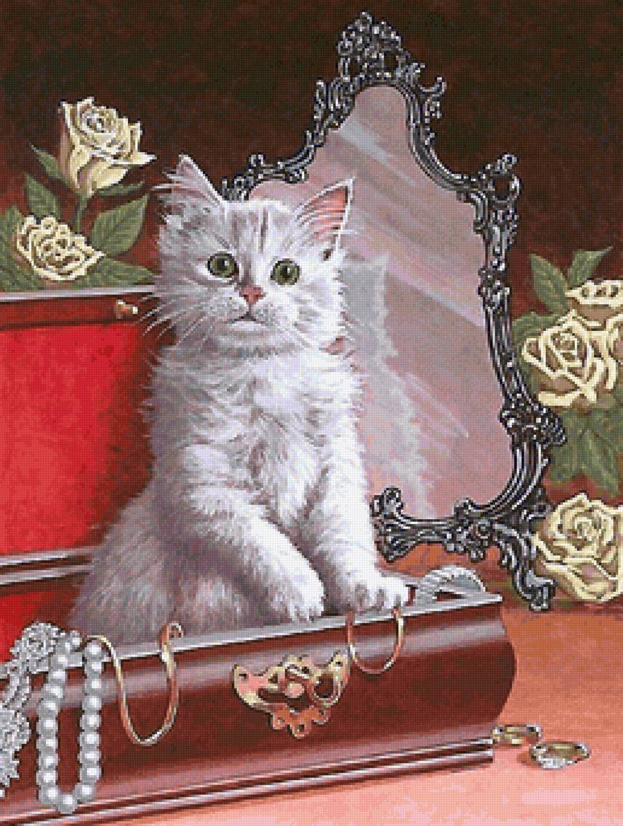 кошечка - кошка, зеркало, шкатулка - предпросмотр