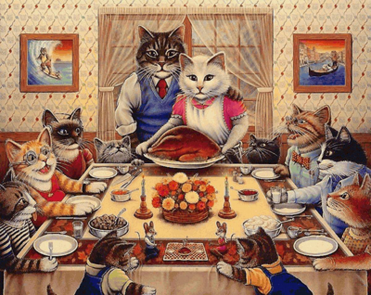 семья - стол, обед, кошки, семья - предпросмотр