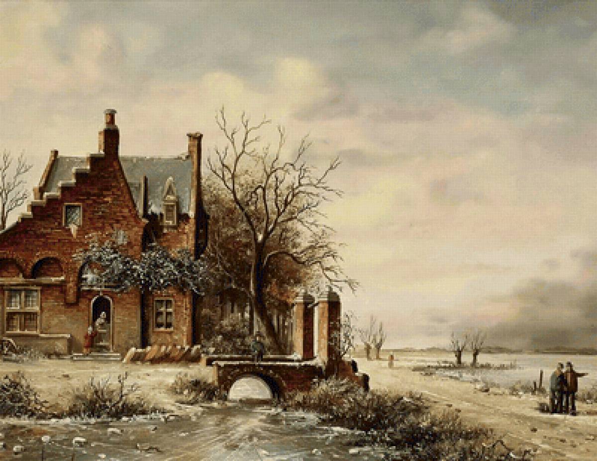 Шарль Лейкерт. Зимний пейзаж - зима, река, дом, натюрморт - предпросмотр