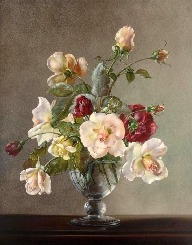 Цветы в вазе. Сесил Кеннеди - натюрморт, живопись, ваза, цветы, роза - оригинал