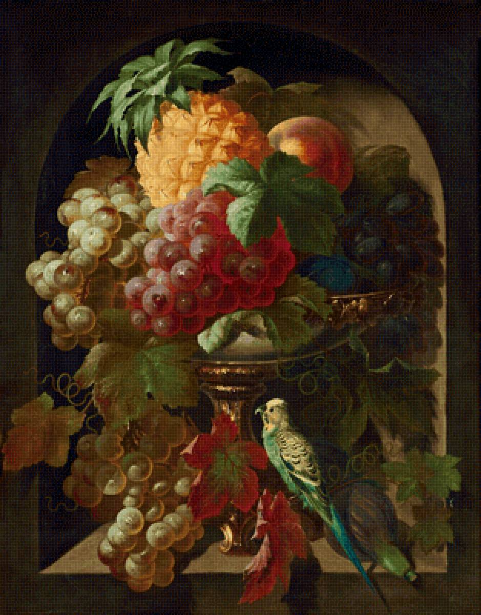 Натюрморт с попугаем. Theodor Schröder - натюрморт, цветы, ваза, живопись, попугай - предпросмотр