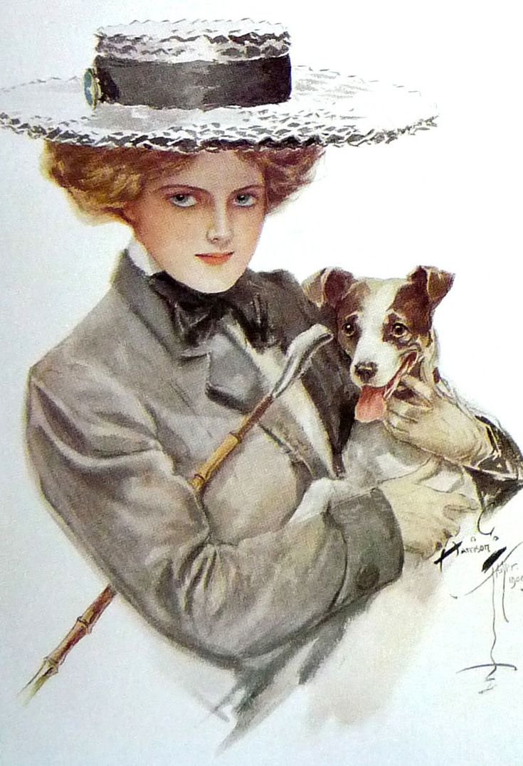 Дама с собачкой. Харрисон Фишер - 19 век, собачка, дама, женщина, девушка, портрет, живопись - оригинал