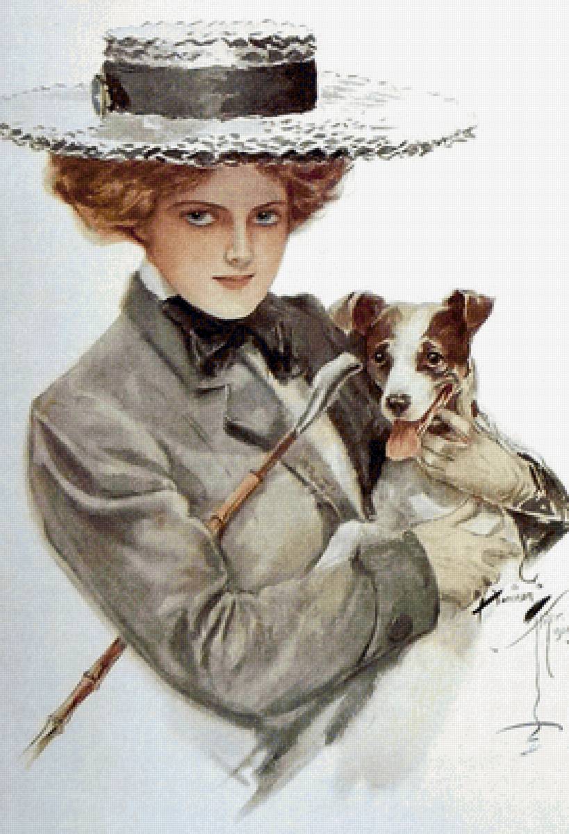 Дама с собачкой. Харрисон Фишер - женщина, собачка, живопись, дама, портрет, девушка, 19 век - предпросмотр