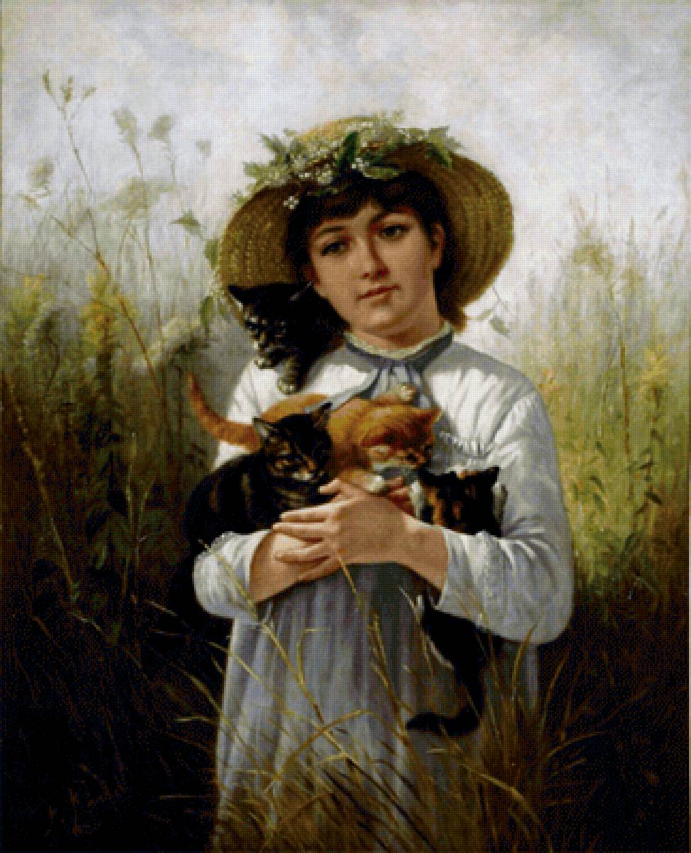 Фредерик Рондел. Девушка с котятами - котенок, живопись, девушка, портрет, 19 век - предпросмотр