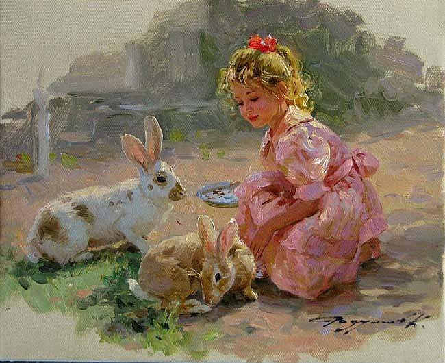 Girl feeding rabbits - rabbits, animal, girl - оригинал