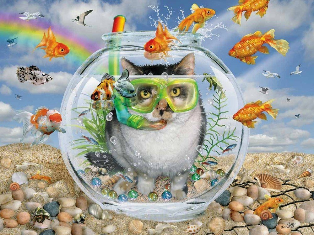 Мир животных - сон, мечта, кот, аквариум, детское, рыбки, арт, животное - оригинал
