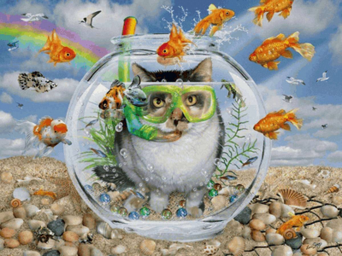 Мир животных - сон, рыбки, арт, детское, животное, кот, мечта, аквариум - предпросмотр