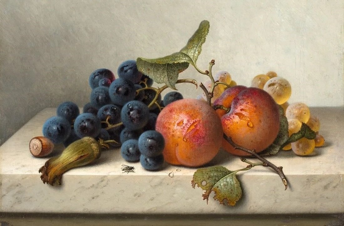 Натюрморт. Emilie Preyer - натюрморт, муха, фрукты, живопись - оригинал