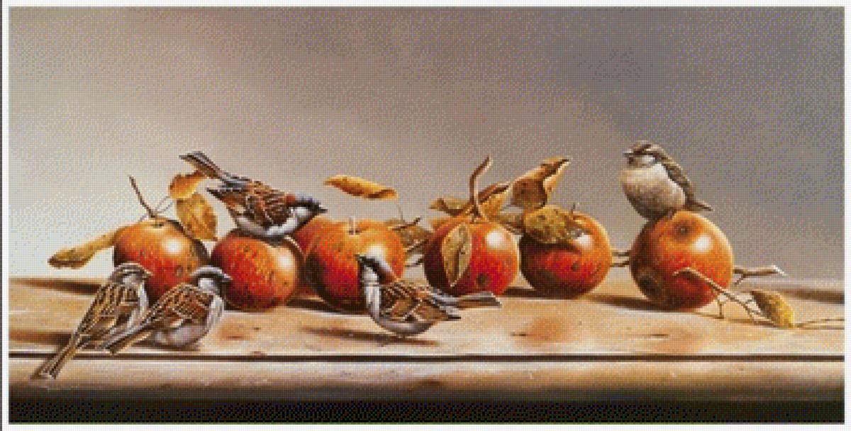 Birds with Apples - apples, fruit, birds - предпросмотр