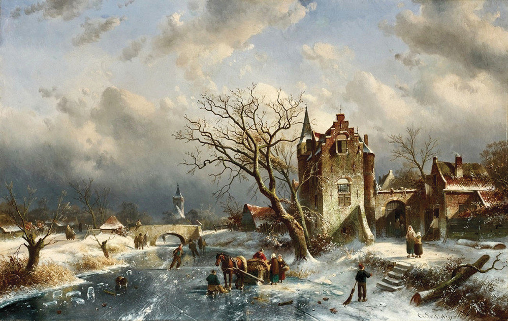 Шарль Анри Жозеф Лейкерт. Голландский пейзаж - город, голландский пейзаж, зима, живопись, дом - оригинал