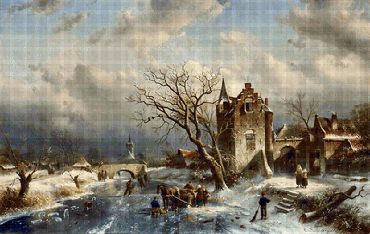 Шарль Анри Жозеф Лейкерт. Голландский пейзаж - зима, город, живопись, голландский пейзаж, дом - предпросмотр