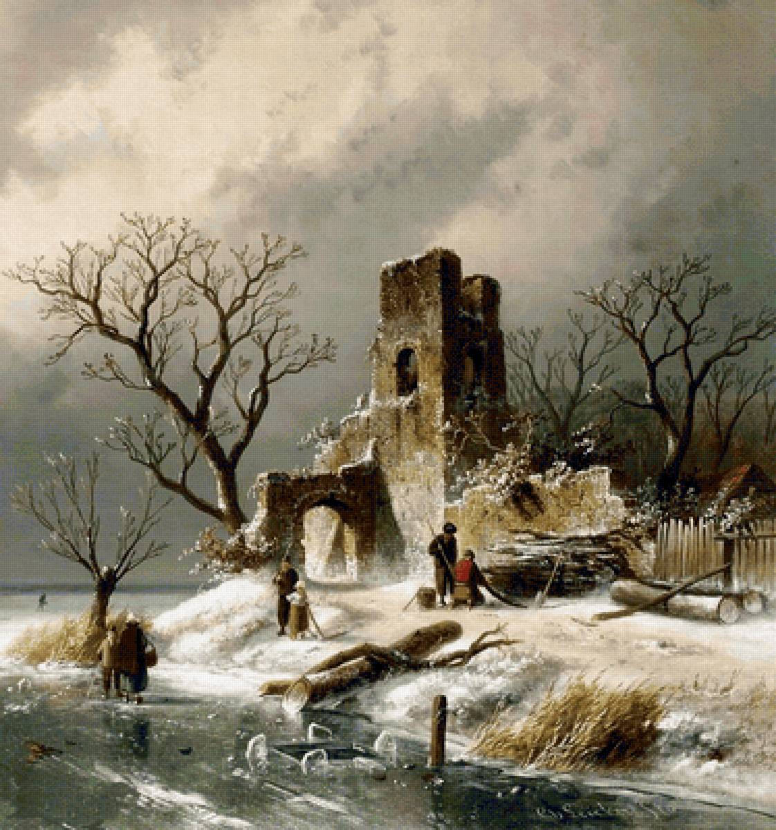 Шарль Анри Жозеф Лейкерт. Голландский пейзаж - живопись, зима, дом, голландский пейзаж, город - предпросмотр