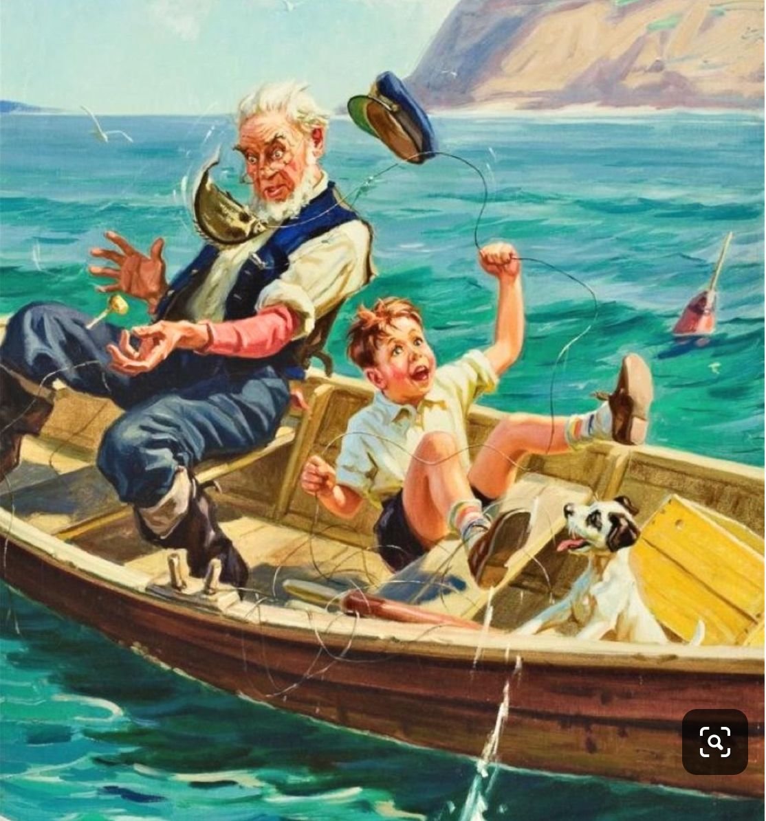 Рыбалка с дедушкой - собака, лодка, рыбалка, мальчик - оригинал