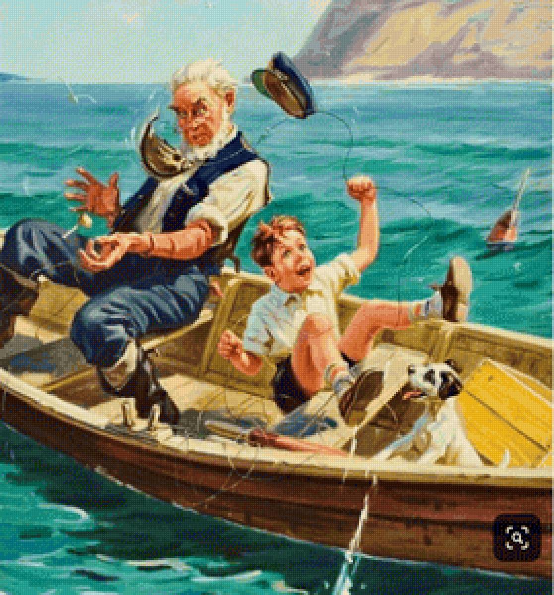 Рыбалка с дедушкой - собака, лодка, мальчик, рыбалка - предпросмотр