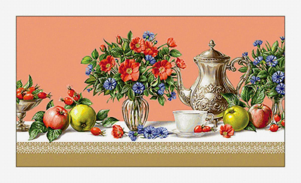 Цветочно-фруктовый натюрморт. - яблоки, фрукты, ягоды, букет, натюрморт, цветы - предпросмотр