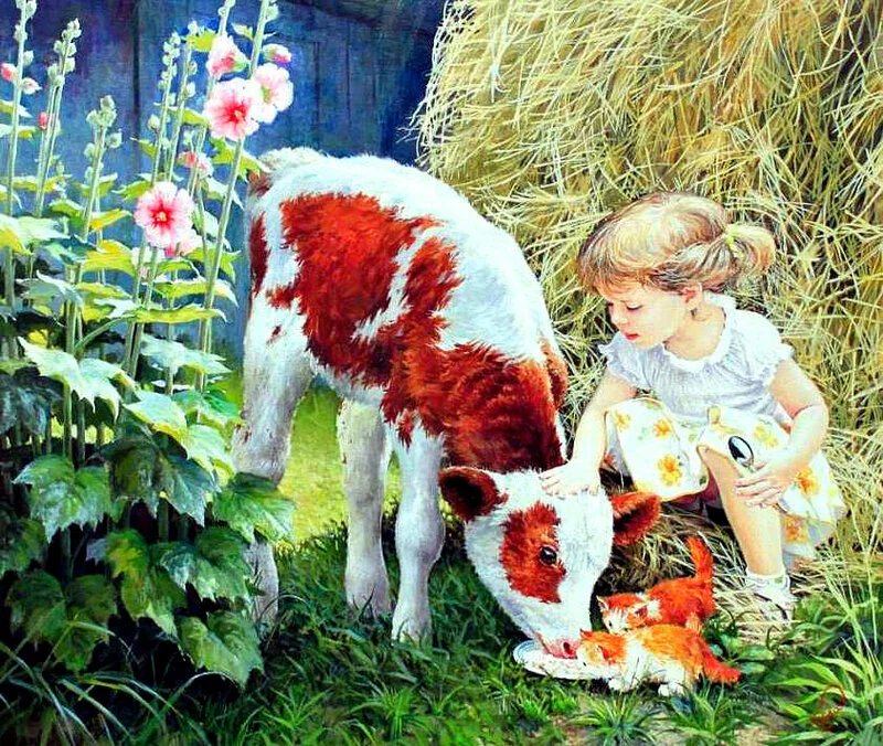 Лето в деревне. Леонович Владислав - котенок, девочка, живопись, дети, теленок - оригинал