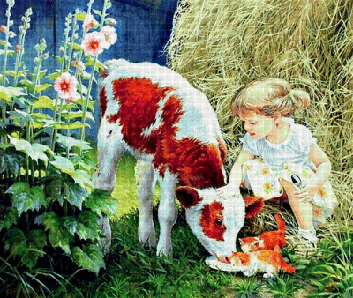 Лето в деревне. Леонович Владислав - теленок, дети, живопись, девочка, котенок - предпросмотр