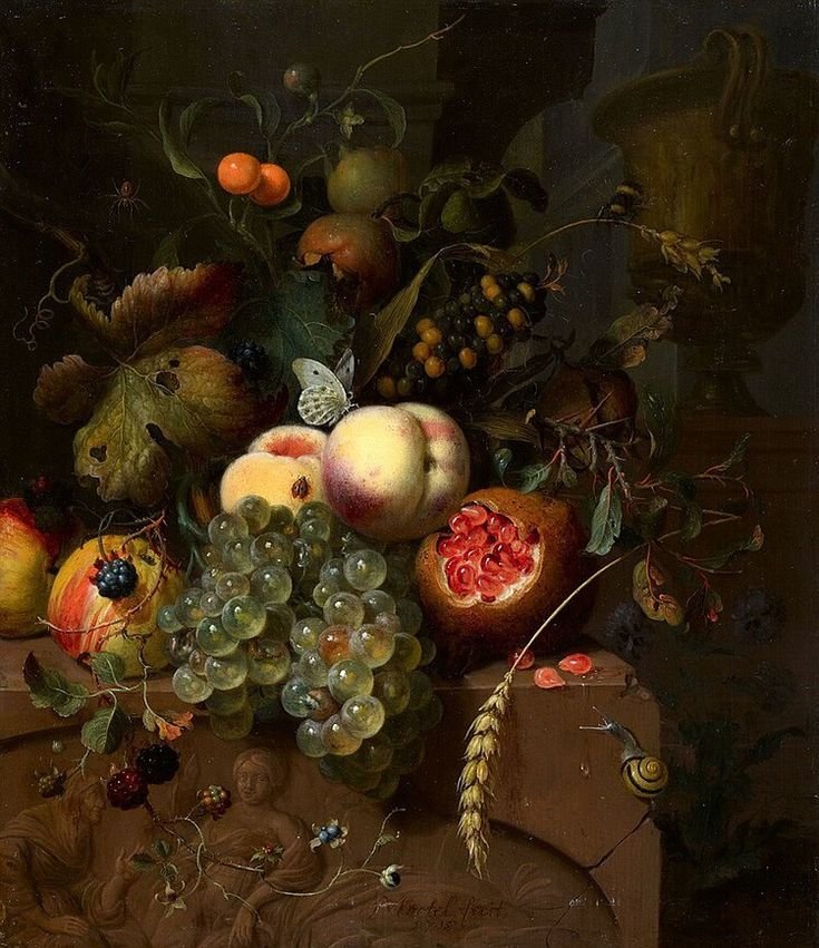 Натюрморт с улиткой, Жан Мортель - фрукты, живопись, улитка, бабочка, 18 век, натюрморт - оригинал